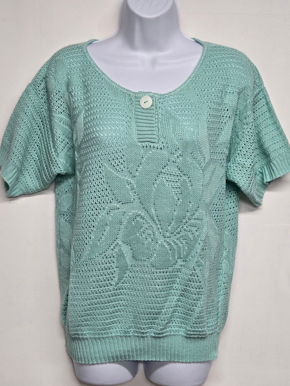 Acrylic Mint Green Knit Top Short Sleeves M